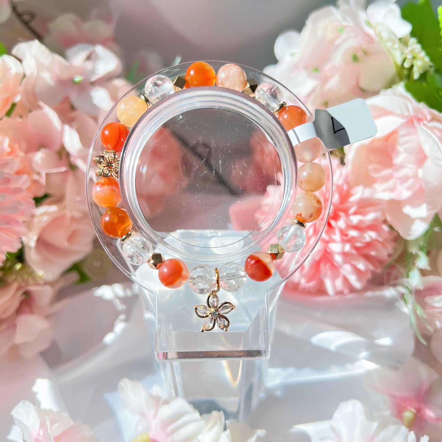 Carnelian Flower Agate x Clear Quartz Charm Bracelet