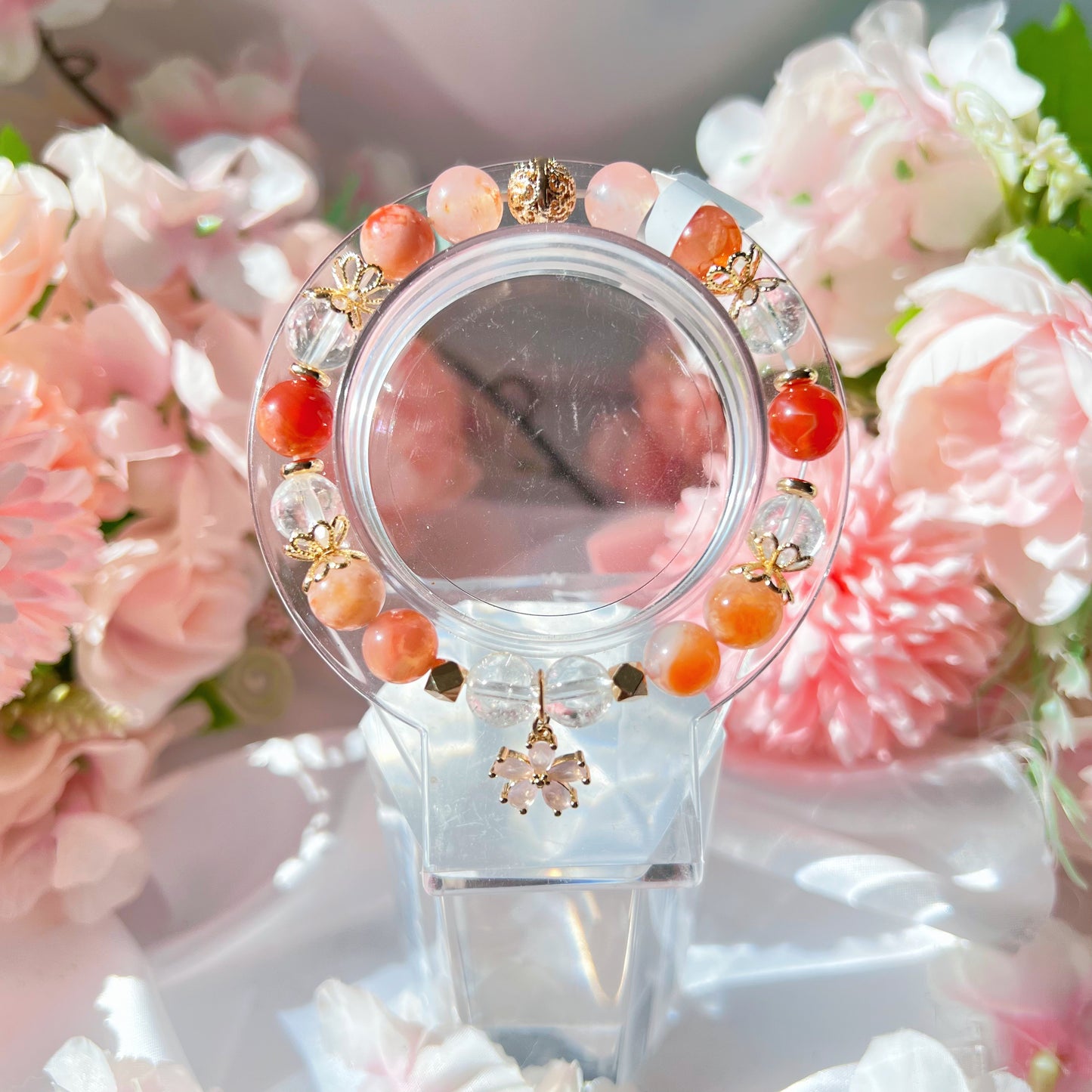 Carnelian Flower Agate x Clear Quartz Charm Bracelet